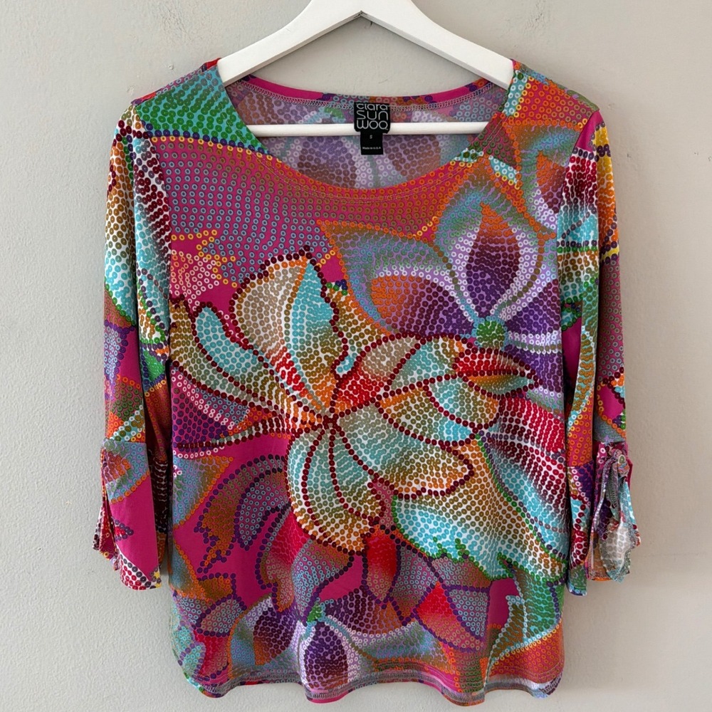 Clara Sunwoo Women Small Pink Multi‎ Floral Dot Print 3/4 Sleeve Scoop Neck Top